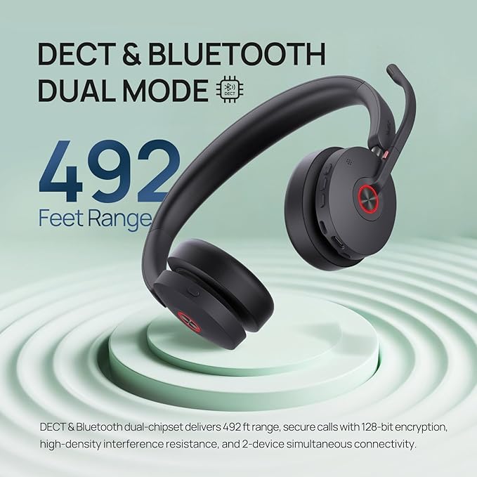 Yealink WH68 Hybrid ANC DECT&Bluetooth Wireless Headset with Adapter, 492ft Rang Stereo Active Noise Cancellation Headphones for Teams,Zoom,UCwith 6X Mic, 32H Call,Dual Ear Headsets (PC,Mobile,Phone)