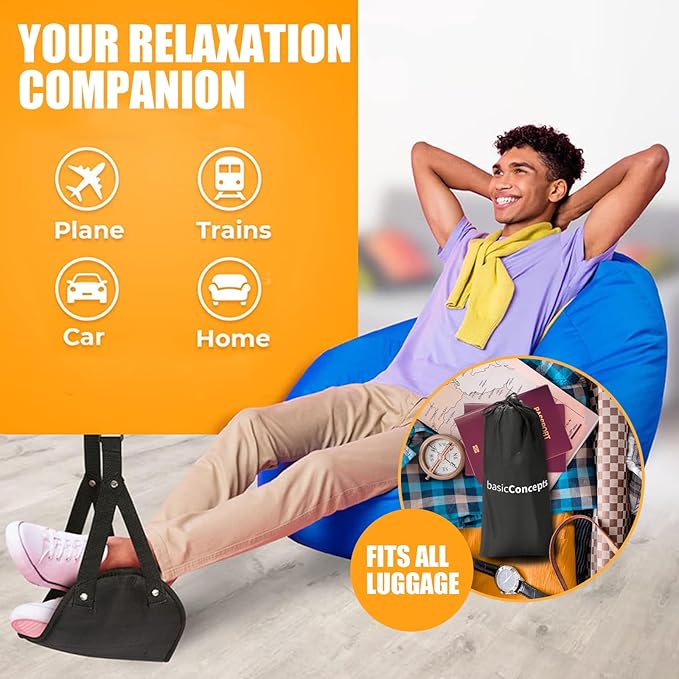 2 Pack Airplane Foot Hammock Travel Footrest - Long Flight Must Haves - Foot Rest for Air Travel,Essentials for Travel & Home (Black)