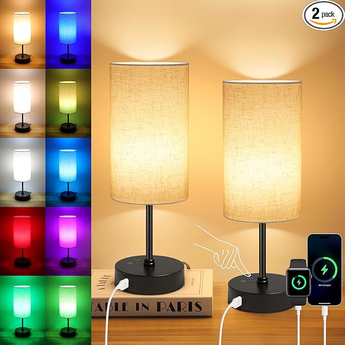Ascher 2 Pack Table Lamp RGB Color Changing - 3 Color Temperatures Stepless Dimmable Small Bedside Lamp for Bedroom, Touch Control Nightstand Light with Flaxen Shade for Reading Home Decor Lights