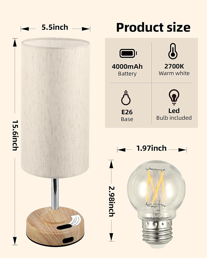 Bedside Table Lamp, Cordless, Dimmable, Touch, Timer, 2700K, Bedroom, Portable, LED, Wireless, Rechargeable, Battery Operated, Desk Lamp, Fabric Shade, Wood-Grain Finish, Living Room, Dining Room