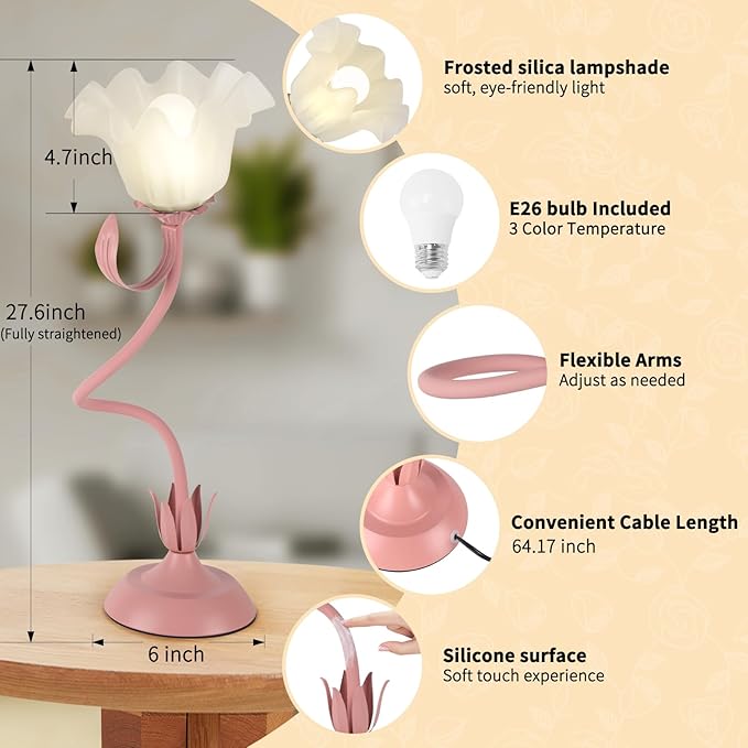 Cute Flower Desk Lamp, 3 Color Temperature Table Lamps with LED Bulb, Vintage Bedside Lamp, Reading Lamps with Soft Light for Bedroom, Living Room(Pink)