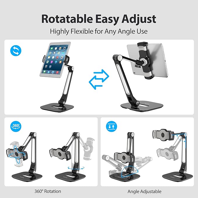 AboveTEK Tablet Stand, Multi-Angle Adjustable iPad Stand Holder, 360° Swivel Tablets Stand Aluminum Desk Mount Fits 4”-11"(Diagonal) iPad/mini/Air/Pro for Business Kiosk Office – Black