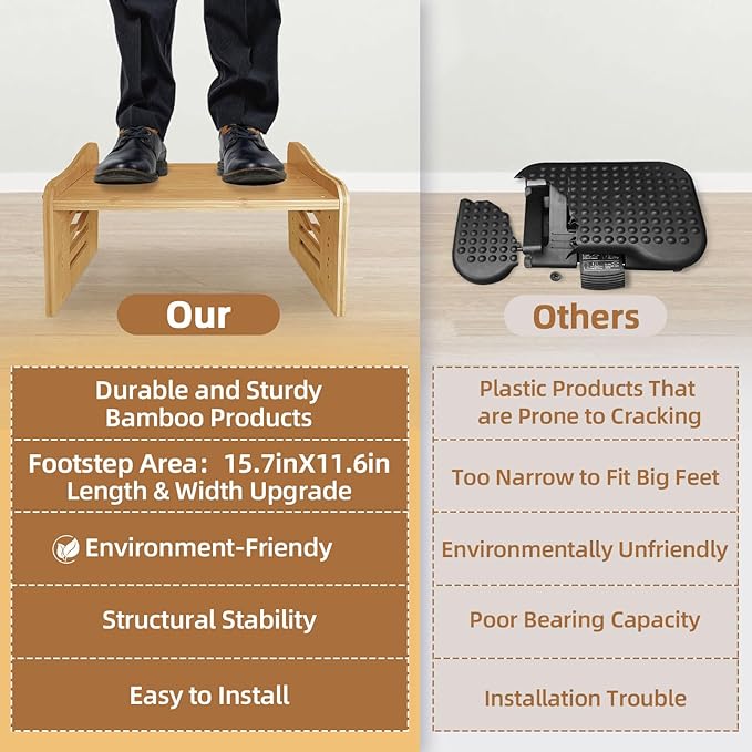 Myplace Bamboo Adjustable Under Desk Footrest with Memory Foam Pad - Ergonomic Foot Rest with 7-Level Adjust, Slanted Foot Rest Stool for Home Office Kitchen Bedroom (Burlywood)
