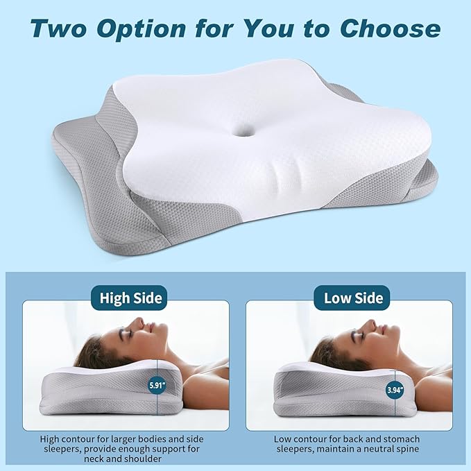 Cervical Neck Pillow for Pain Relief - Cooling Ergonomic Neck Support Pillow for Sleeping, Orthopedic Contour Memory Foam Pillows for Side, Back & Stomach Sleepers with Pillowcase (White)