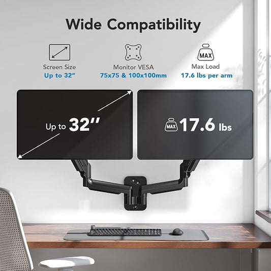 HUANUO Dual Monitor Wall Mount for 17-32 Inch Screens - Height-Adjustable Gas Spring Arms (Per Arm 4.4-17.6lbs) - VESA 75x75/100x100 - Tilt, Swivel, Rotation - Home Office & Workspace Desk Setup