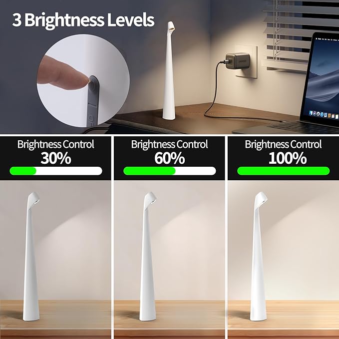 Cordless Table lamp, Rechargeable Wireless Desk Lamp, Portable Bedside Lamp 3 Levels Brightness, Battery Operated LED Desk Lamp for Bedroom Restaurant Reading (White)