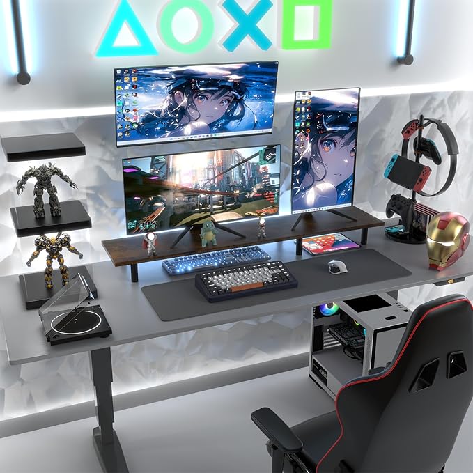 Large Dual Monitor Stand Riser 43.3IN,Vintage Home Office Storage For Desk Accessories,Solid Wod Desk With Adjustable Legs For computer/PC/Laptop/Printer/Container/dressing table