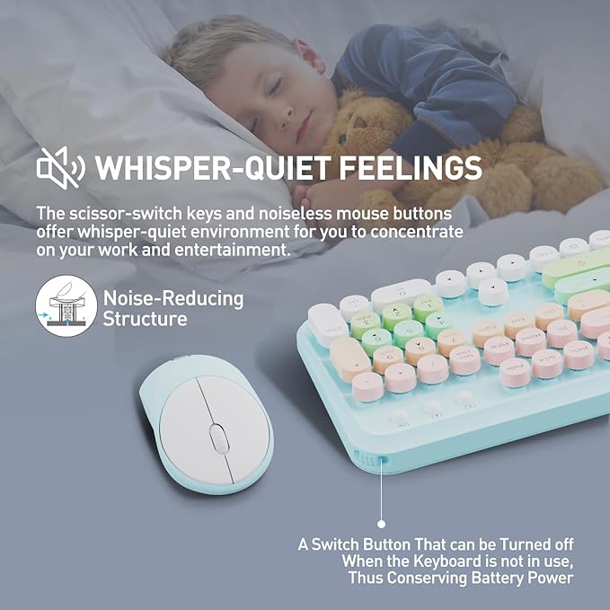 Wireless Keyboards Mouse Combos, Colorful Cute Typewriter Full-Size Retro Round Keycaps, 2.4GHz Cordless Sleep Mode Office Quiet Wireless Keyboard and Mouse Set for Desktop Laptop PC Computer