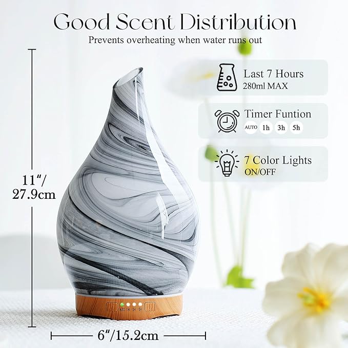 Porseme 280ml Essential Oil Diffuser Glass Color Changing Aroma Air Diffusers Aromatherapy Ultrasonic Cool Mist Humidifier 7 Running Hours Waterless Auto-Off for Sleeping, Yoga, Office, Spa (Ink)
