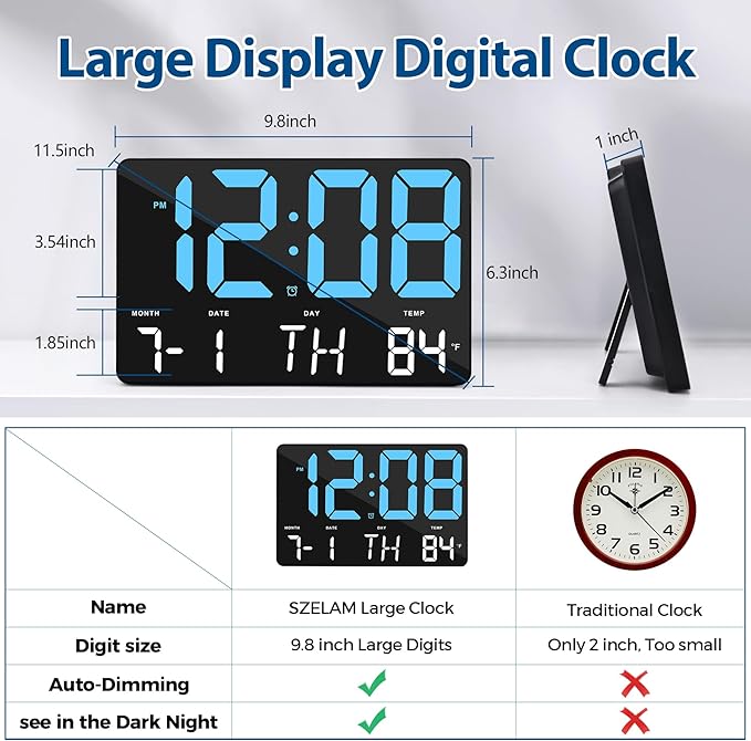 SZELAM Digital Clock Large Display,11.5"Digital Wall Alarm Clock with Remote Control,LED Oversized Electric Clock with Calendar,12/24H,Adjustable Brightness Large Clock for Home Office Kitchen Bedroom
