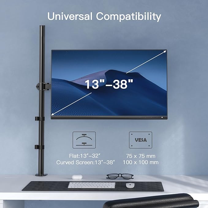 HUANUO Monitor Arm Desk Mount, Fully Adjustable Stand Computer Mount for 13-32 In Screen, Ultra Wide Screen to 38In, Single Extra Tall 39 Inch Monitor Stand Holds up to 22lbs with C Clamp/Grommet Base