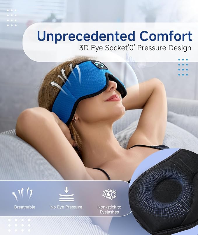 Voerou Sleeping Headphones 3D Eye Mask, Sleep Mask Bluetooth Headphone with Ultra-Thin Stereo Speakers, Sleep Headphones for Side Sleepers Office Nap Air Travel Meditation Gifts for Unisex
