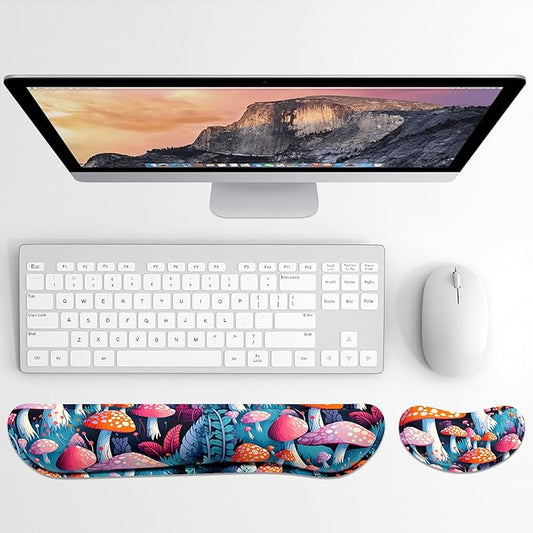 Dapesuom Enlarge Keyboard Wrist Rest, Memory Foam Wrist Cushion for Desk Mats Support, Boho Typing Pain Relief Keyboard Mouse Pad Rests Set with Non-Slip Base for Gaming Laptop Computer, Mushrooms