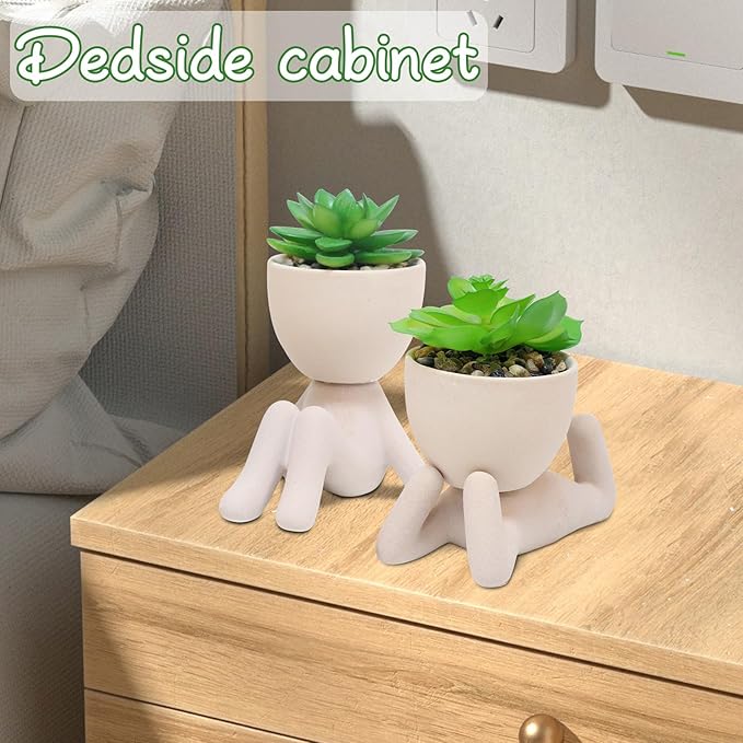 Zerzsy 2PCS Cute Artificial Succulent Plants with Creative Human Shaped Pots, Desk Decoration Artificial Plants Indoor for Home Office Decoration(Cream Color)