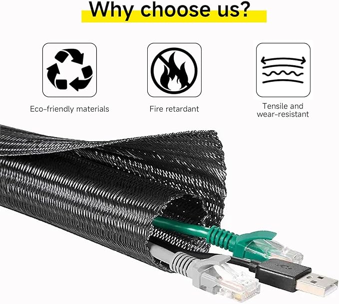 10ft 1/2 inch Cord Protector Wire Loom Tubing Cable Sleeve Split Sleeving for USB Cable, Cable Management for Computer Electrical Wire Power Cord Audio Video Cable, Black