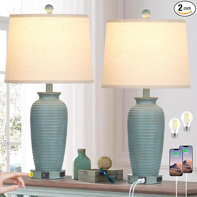 25" Farmhouse Jar Table Lamps Set of 2, 3 Way Touch Control Rustic Bedside Lamps with USB A+C Ports & AC Outlet, Pot Nightstand Lamps for Bedroom Living Room (LED Bulbs Included)
