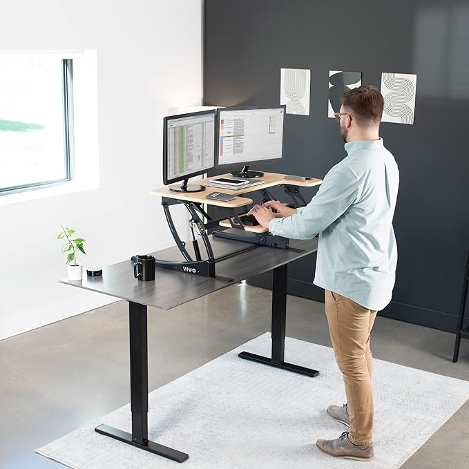 VIVO 36 inch Height Adjustable Stand Up Desk Converter, V Series, Quick Sit to Stand Tabletop Dual Monitor Riser Workstation, Light Wood Top, Black Frame, DESK-V000VO