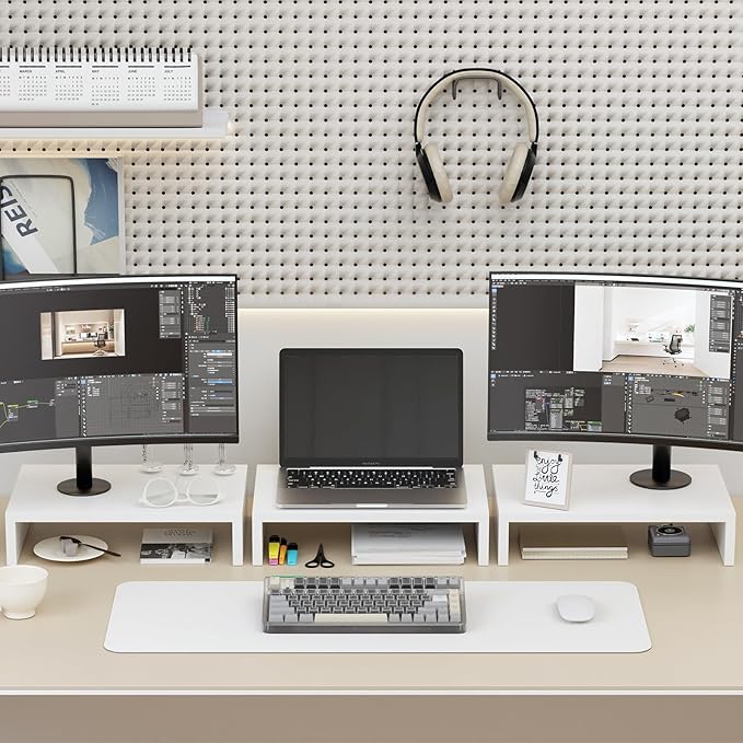 TEAMIX Monitor Stand Riser-3 Packs,Wood 3 Tiers Adjustable Monitor Stand Dual Monitor Riser for 2 Monitors/Laptop/PC Computer Stand for Desk (White, 3 PCS)