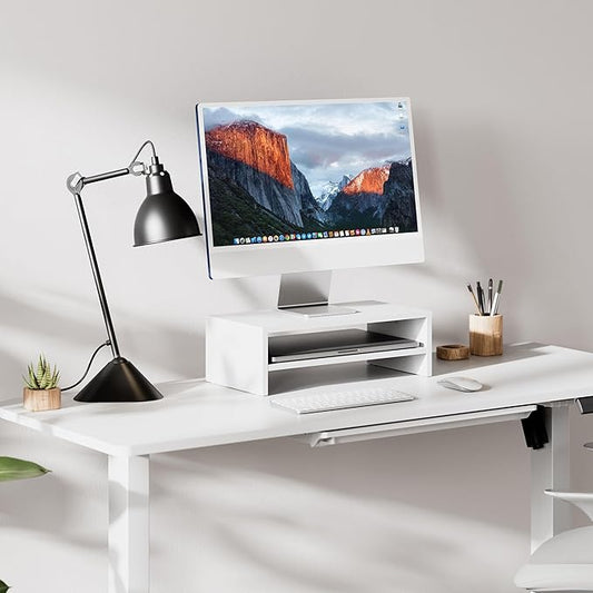 FITUEYES Monitor Stand - 2 Tier Computer Monitor Riser Shelf, Wood Desktop Stand for Laptop Computer Screen, Desk Organization, Office Supplies