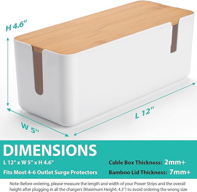 Cable Management Box with Bamboo Lid, White Cable Box Small Cord Hider Box Cord Organizer Box to Conceal Surge Protector, Desk/TV/Computer Wires, Power Strip Box Cord Management Box for Tidy Space