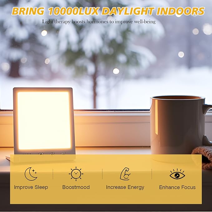 Light Therapy Lamp with Red & White Light - 10000 Lux LED Sun Light Therapy Lamp for Face, Improving Mood, Energy, Sleep & Skin Care, with 4 Light Modes & 5 Brightness Levels, Timer, UV-Free