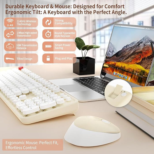 HotFox Wireless Keyboard and Mouse Combo, Full-Size Retro Typewriter Keyboard with Round Keycaps, Ergonomic Design for Windows PC, Home and Office Use - Cream
