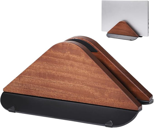 Wooden Vertical Laptop Stand, Adjustable Desktop Holder for Laptop, Tablet, E-Book, Black Walnut Color, Anti-Scratch Silicone Pads, Non-Slip Plastic Base, Max Clamp Thickness 1 in