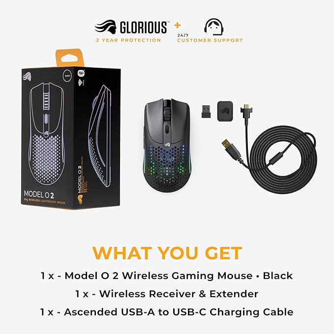 Glorious Gaming Model O 2 Wireless Gaming Mouse - Hybrid 2.4GHz & Bluetooth Wireless, 68g Superlight, Long Battery Life, 26k BAMF 2.0 Sensor, RGB, Ambidextrous, 6 Buttons, PTFE Feet - Black