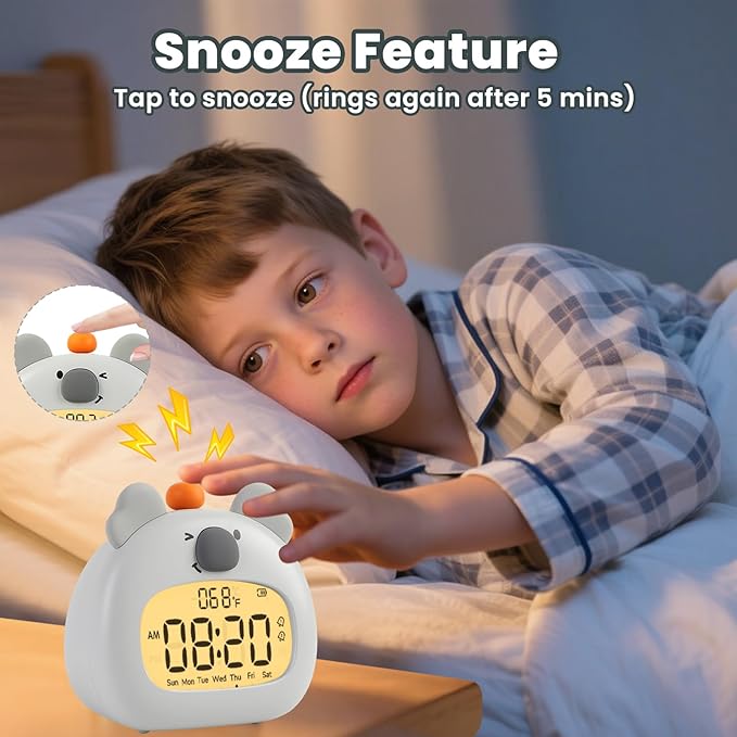 Koala Alarm Clock with Night Light for Kids – Cute Digital Sleep Trainer with LED Display, 3 Alarms, Countdown Timer, Adjustable Brightness – Rechargeable Bedside Clock for Boys and Girls