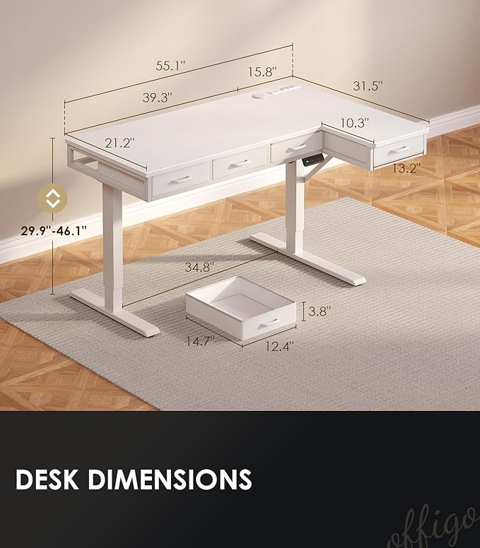 OffiGo 55 Inch L Shaped Electric Standing Desk with Drawers, Height Adjustable Large Desk with Power Outlets, Sit Stand Table, Writing Computer Desk for Home, Office, Workstation, White