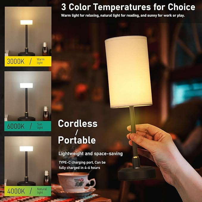 Set of 2 Small Touch Nightstand Lamp Rechargeable Battery Operated Cordless LED Table Lamp, Portable 3 Colors Stepless Dimmable Fabric Desk Light for Restaurant/Bedroom/Outdoor (White+Black)