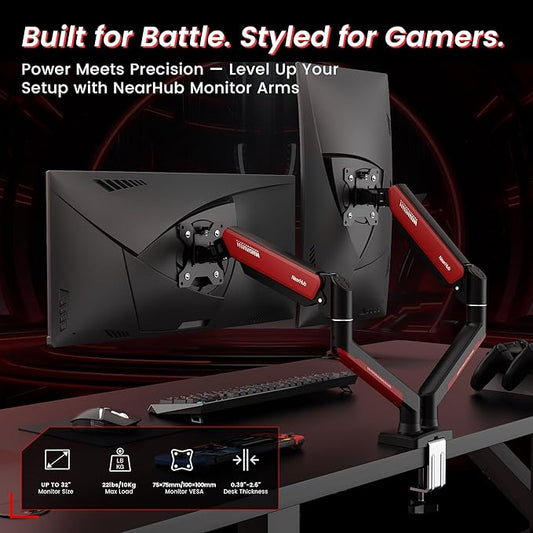 Dual Monitor Mount Gaming for Computer Screen 13-32" and up to 22 lbs,360° Rotation,+90° to -45° Tilt,180° Swivel,with C Clamp and Grommet Base,Integrated Cable Management,75x75/100x100 VESA,RED