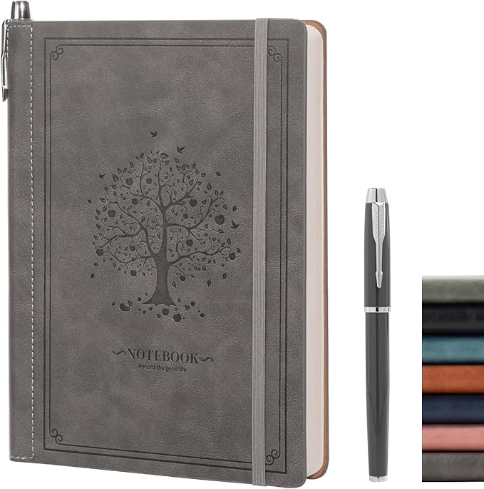 Lined Notebook Journal for Women Men 320 Pages A5 Hardcover Leather with Pen Holder College Ruled Journals for Work Note Taking Travel School Gray