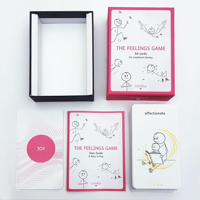 Comitys - The Feelings Game | 64 flashcards for Emotional Literacy | Non-Violent Communication Teaching Tool | 177 Feelings States to Discover