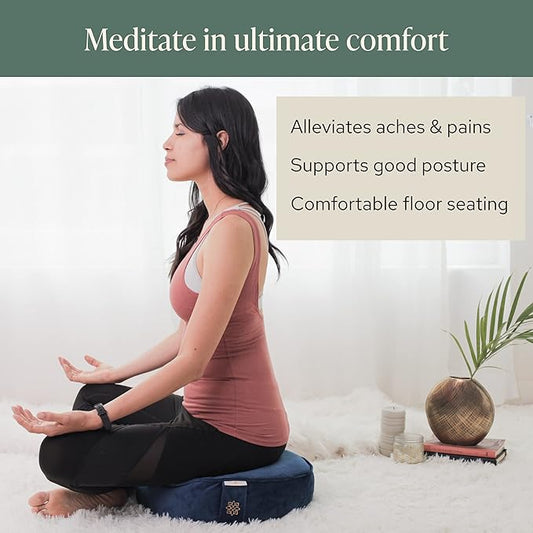 Mindful Modern Velvet Meditation Cushion | Luxe Zafu Yoga Floor Pillow Seat | Posture Support | Buckwheat Hull Filled | Large Round Cushion with Removable Washable Cover + Carry Handle