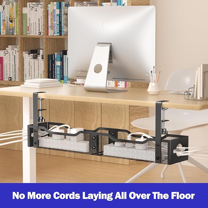 Under Desk Cable Management Tray 25.12", Extra Large Cable Management No Drill, Extended Cord Organizer with Adjustable Clamps, Black