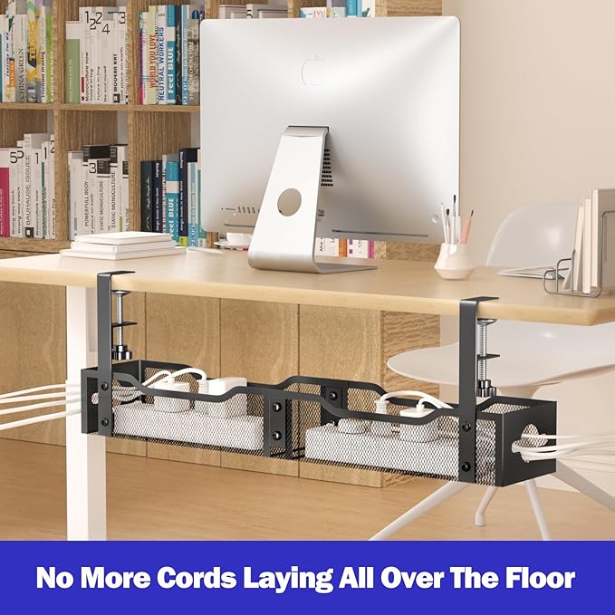 Under Desk Cable Management Tray 25.12", Extra Large Cable Management No Drill, Extended Cord Organizer with Adjustable Clamps, White