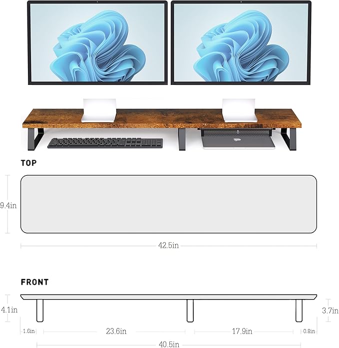 Vintage Wooden Dual Monitor Stand - 2 Monitor Riser with Metal Legs & Drawer, Office Desk Organizer