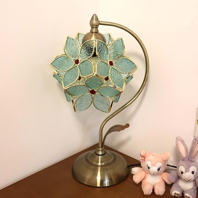 Bieye L10932 Tiffany Style Stained Glass Flower Petal Table Lamp with Brass Base for Home Décor (Light Blue, 8" Apple Blossom)