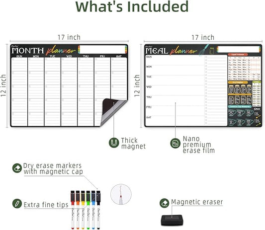 Magnetic Dry Erase Monthly Calendar and Menu Board - 17"x12" Monthly Planner and Meal Planning Board for Fridge - 6 Extra Fine Point Markers Included - Shipped Flat