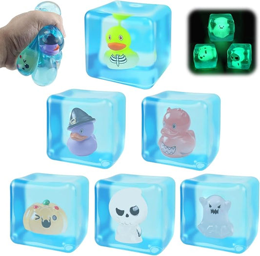 6Pcs Halloween Glow-in-The-Dark Stress Cube Fidget Toys with Resin Duck, Ghost, Pumpkin and Skeleton, Slow Rebound Sensory Toys Stress Balls for Audlts, Halloween Party Favors