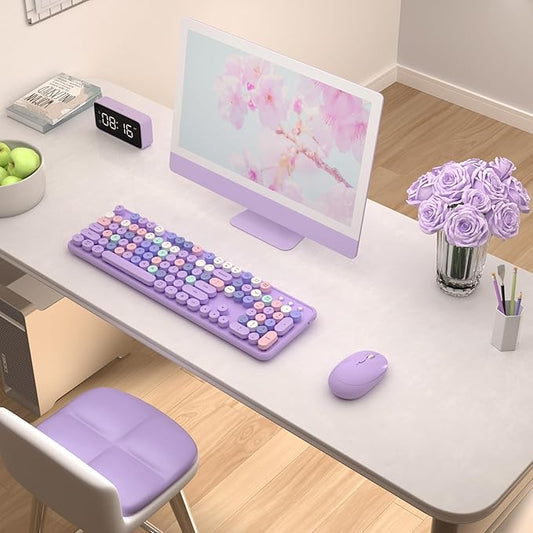 Colorful Wireless Keyboard and Mouse Combo, COVEVA 2.4GHz Wireless Retro Cute Round Keycaps Keyboard, 104 Keys Full-Sized Keyboard Mouse Set with Switch Button for PC Laptop Desktop (Purple Colorful)