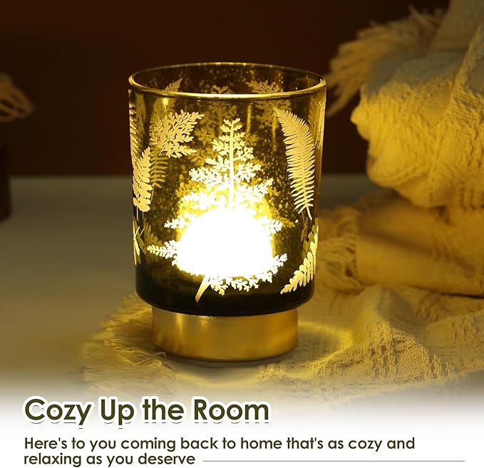 Eywamage Small Battery Operated Glass Table Lamp, Boho Green Ferns Mood Light with Remote, Cordless Bedside Accent Lamp Room Decor