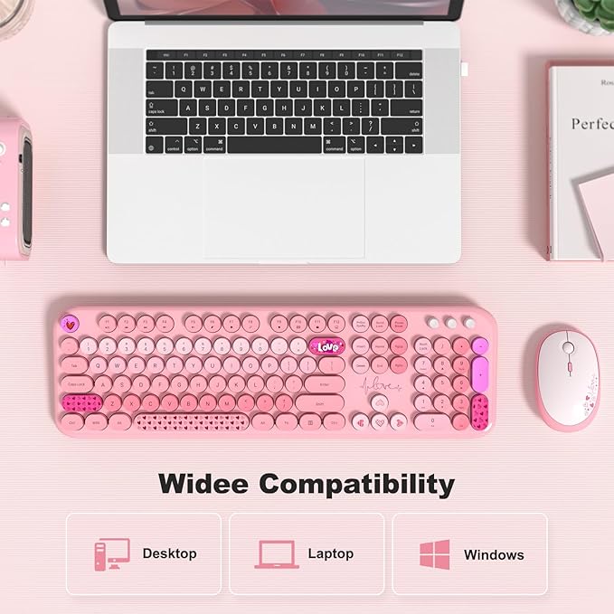 Wireless Keyboard and Mouse Combo, MOWUX Full Size Typewriter Retro Round Computer Keyboard, Cute Optical Mouse Wireless, Plug and Play, for Laptop, PC, Computer- Pink Heart