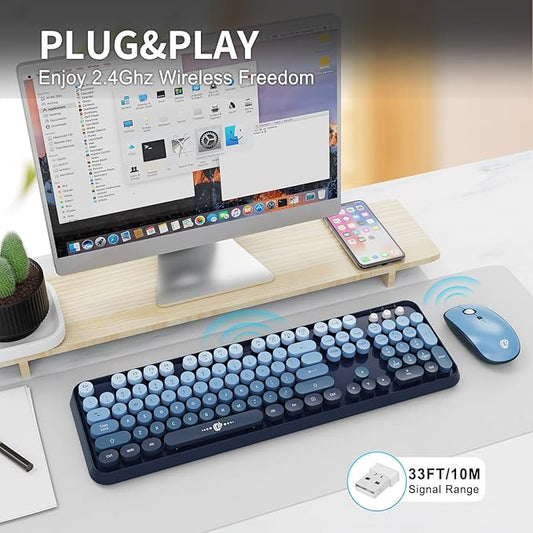 Wireless Keyboard Mouse Combo,104 Round Keys Cute Colorful Keyboard with Retro Typewriter Style,Letton Full Size Keyboard with Number Pad&Mouse with 3 DPI for PC Mac Laptop Computer Windows-Blue