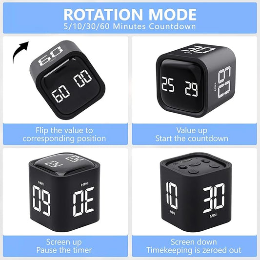 Digital Cube Productivity Timer - Rotating Pomodoro Timer with Gravireceptor 5-10-30-60 Min Custom Countdown, Vibration & Adjustable Volume for Learning Office Kitchen Desk, Black