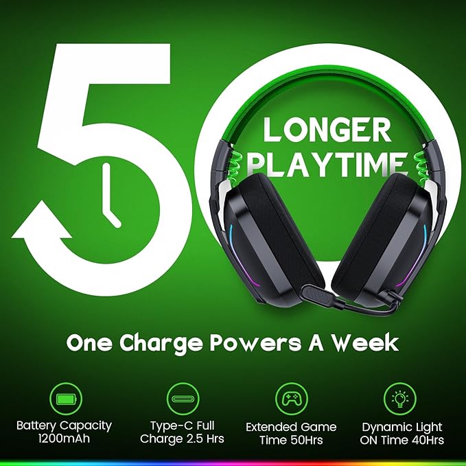 Wireless Gaming Headsets for PC, PS5, PS4, Switch, Mac, 2.4GHz Wireless Gaming Headphone for Game Boy Accessories, ENC Noise Canceling Microphone, Bluetooth 5.4, Cool Lighting, 50H Battery