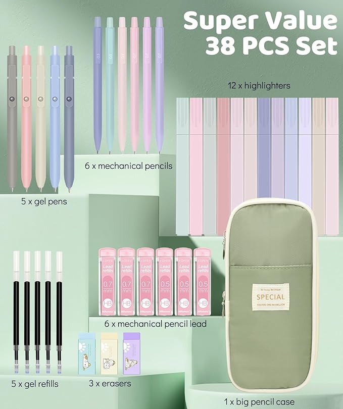 Hifunwu 38 PCS Aesthetic School Supplies with Big Pen Case, 5 Black Ink Gel Pens, 12 Pastel Highlighters, 6 Mechanical Pencils Set 0.5 & 0.7 mm for Students Back to School