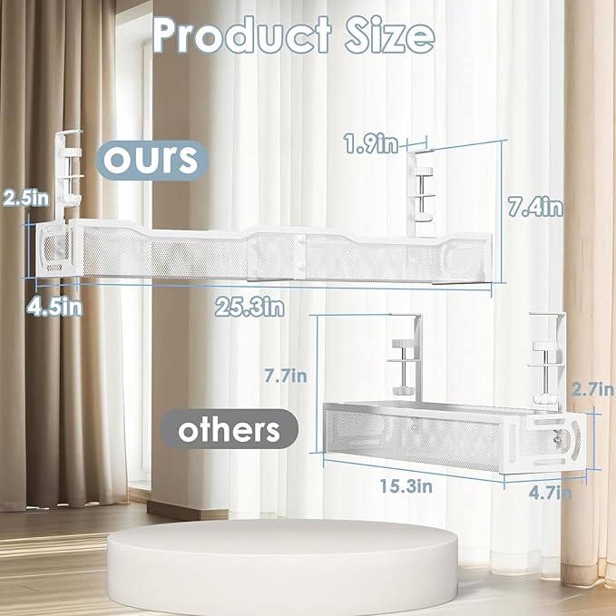 Cable Management, 25'' Cable Management Under Desk No Drill, Metal Cord Organizer with Clamp for Standing Desk, Cable Organizer for Home Office, White