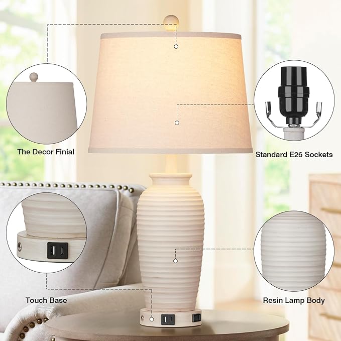 24.3" Farmhouse Jar Table Lamps Set of 2, 3 Way Touch Control Rustic Bedside Lamps with USB A+C Ports & AC Outlet, Pot Nightstand Lamps for Bedroom Living Room (LED Bulbs Included)